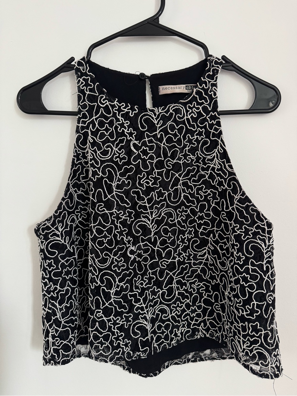 Necessary Objects Black Crop Top with White Floral Embroidery